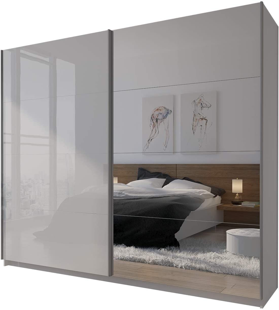 Großer Spiegel Kleiderschrank 244 cm Schwebetürenschrank Schrank Weiß Hochglanz Spiegelschrank Schlafzimmer