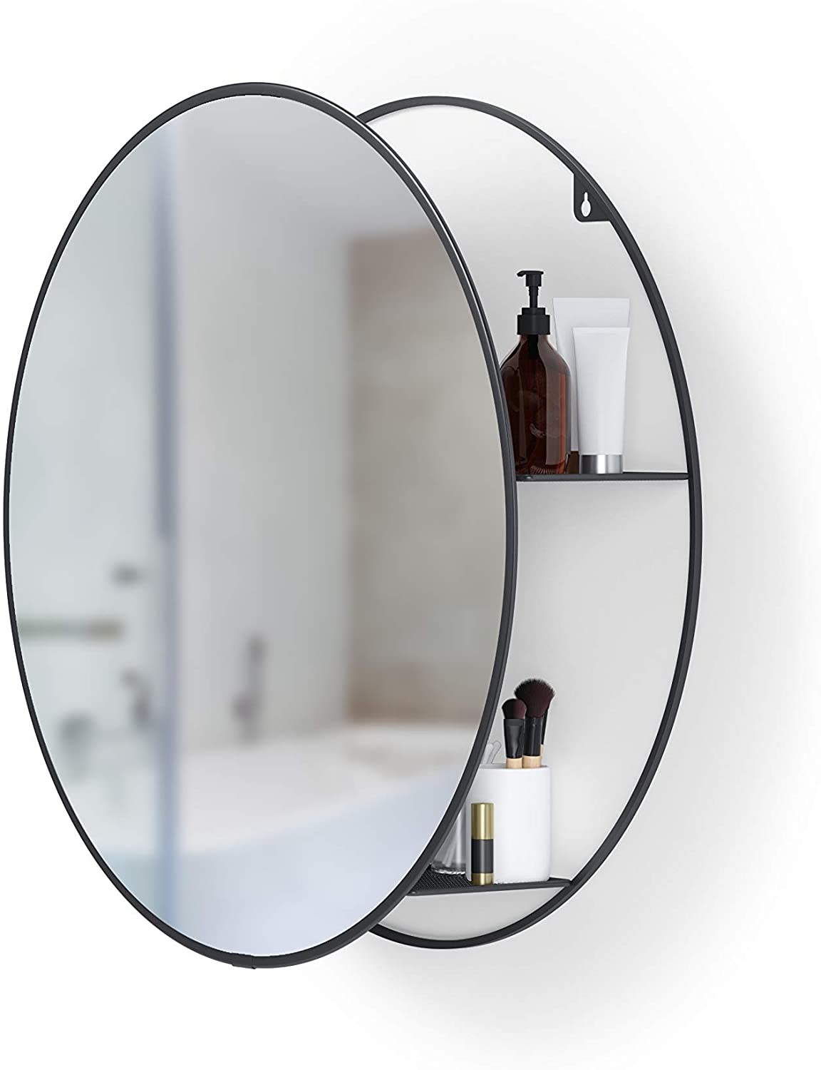 Runder Badezimmerspiegel mit Ablage Schwarz modern Stauraum für kleine Räume