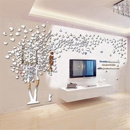 Baum Paar 3D Riesiger Wandtattoos Wandaufkleber Kristall Acryl Malen Wanddeko Wandkunst Silber Spiegel