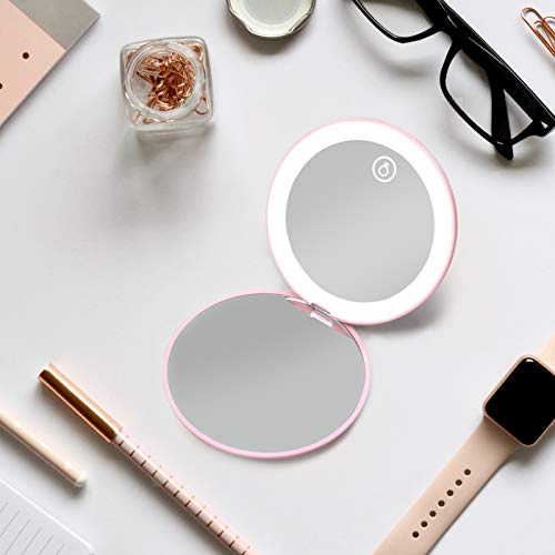 LED Kompaktspiegel Taschenspiegel Handspiegel mit 1X / 10X Vergrößerung Kosmetikspiegel Licht Rosa