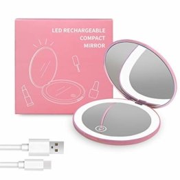 LED Kompaktspiegel Taschenspiegel Handspiegel mit 1X / 10X Vergrößerung Kosmetikspiegel Licht Rosa