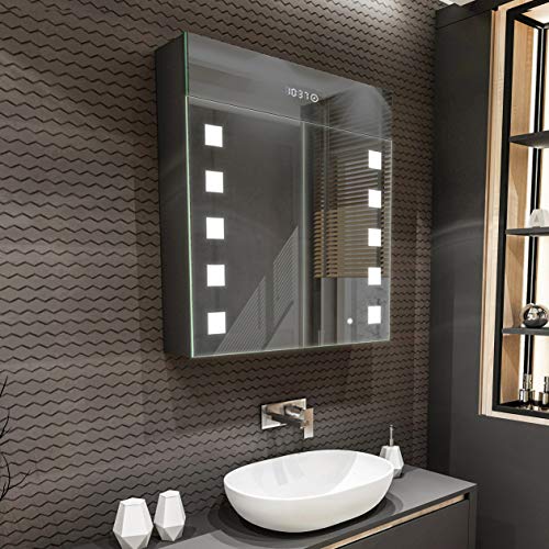 Spiegelschrank mit LED Beleuchtung 2-Türig 66 x 72 x 16,6 cm 17 Dekore Badschrank Beleuchtet Badezimmerschrank