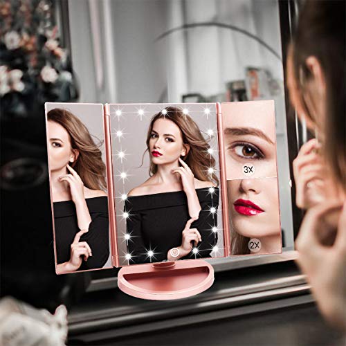 Schminkspiegel mit Beleuchtung Faltbarer Kosmetikspiegel mit Vergrößerung Licht Makeup Rosengold