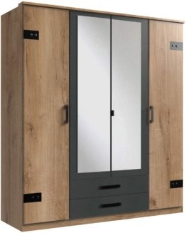 Kleiderschrank mit Spiegel-Türen Planken-Eiche Dekor Graphit-Grau, 180 cm Drehtürenschrank 4-türig mit 2 Schubladen im Industrial Stil
