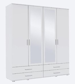 Schrank Drehtürenschrank mit Spiegel 4 Schubladen 4-türig 2 Einlegeböden, 1 Kleiderstange, Weiß, 52 x 168 x 188 cm