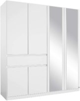 Spiegel Schrank Kleiderschrank Drehtürenschrank in Weiß mit Spiegel Schubladen 6-türig, 3 Einlegeböden Kleiderstange BxHxT 181x197x54 cm