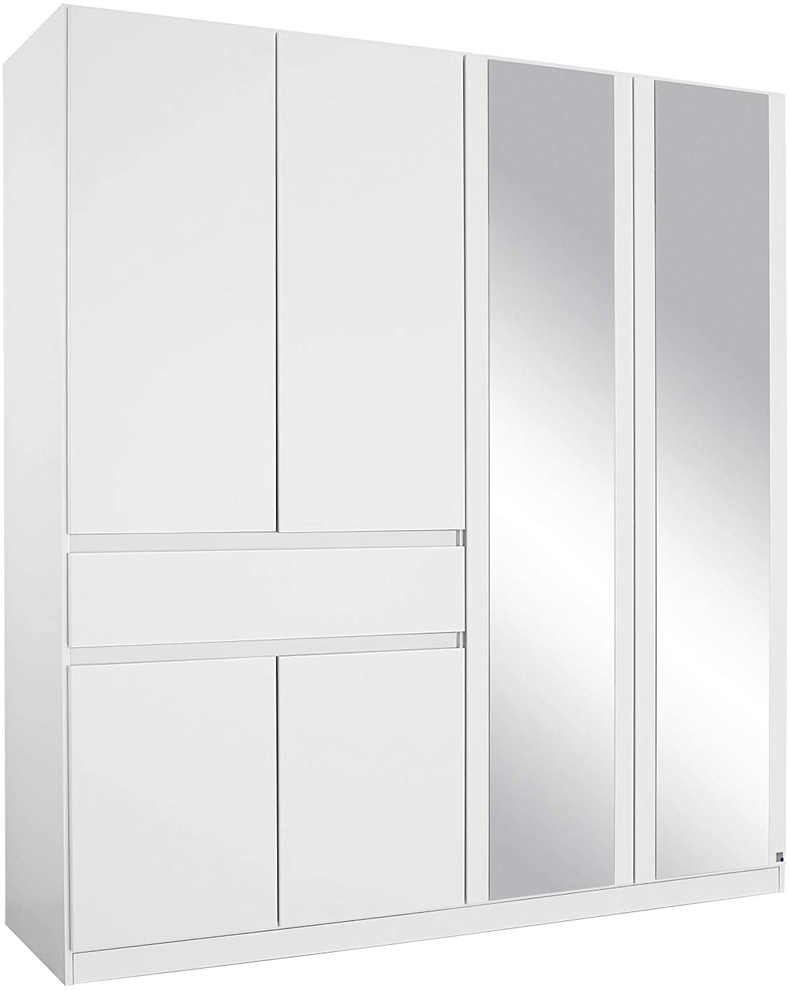 Spiegel Schrank Kleiderschrank Drehtürenschrank in Weiß mit Spiegel Schubladen 6-türig, 3 Einlegeböden Kleiderstange BxHxT 181x197x54 cm