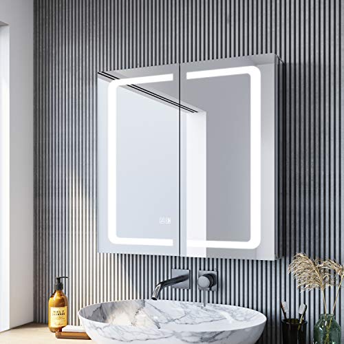 LED Spiegelschrank 65 × 65cm beschlagfrei Spiegelschrank mit Beleuchtung mit Steckdose Aluminum Badezimmerschrank mit Spiegel mit Touchschalter