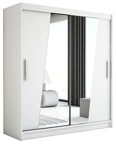Schwebetürenschrank mit Spiegel Kleiderschrank mit Kleiderstange Schlafzimmer- Wohnzimmerschrank Schiebetüren Modern Design (Weiß)
