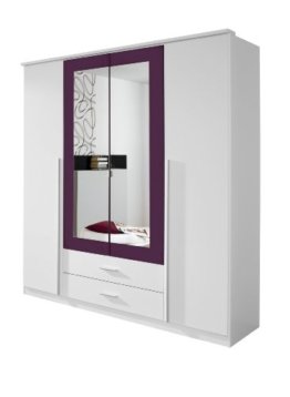 Spiegel Möbel Schrank Kleiderschrank Drehtürenschrank in Weiß / Brombeer, 4-türig mit Spiegel und 2 Schubladen, BxHxT 181x199x56 cm