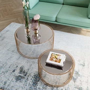 Design Couchtisch verspiegelt Gold 2er Set, runder moderner Glastisch großer Beistelltisch Kaffeetisch Nachttisch Messing