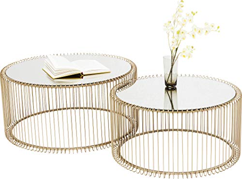 Design Couchtisch verspiegelt Gold 2er Set, runder moderner Glastisch großer Beistelltisch Kaffeetisch Nachttisch Messing