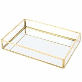 Goldenes Spiegel Tablett, Vintage Metall Glas Aufbewahrungsbox für Schmuck Kosmetik Make-up Parfüm Organizer für Waschtisch, Kommode, Badezimmer, Schlafzimmer