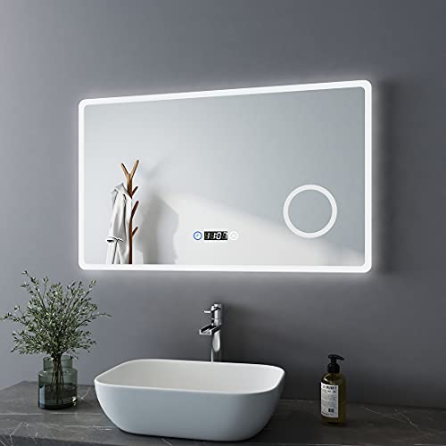 LED Badspiegel Badezimmerspiegel mit Beleuchtung kaltweiß Neutral Warmweiß Lichtspiegel Badezimmerspiegel Wandspiegel mit Touch und Uhr
