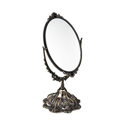 Ovaler Vintage Make-up Spiegel Oval Florale Verzierung Tischspiegel mit Metall Ständer Drehbar Dekorativer Geprägter Rahmen Bronze