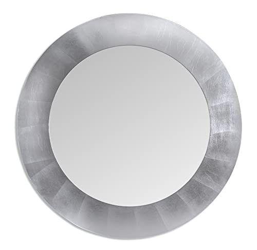 Runder Blattsilber Wandspiegel rund Silber modernes Design 100 cm Blattsilber breiter Rahmen Silberrahmen