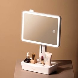 Schminkspiegel Beleuchteter LED Kosmetikspiegel mit 10-fach Vergrößerung ausziehbar und Licht dimmbar Fächer für Make Up 23x16cm großer Spiegel schwenkbar