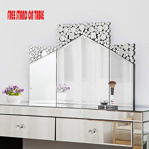 Schminkspiegel Groß Schwarzer Holzrücken Make Up Kosmetikspiegel Juwel Kristall Mosaik Standspiegel Tischspiegel für Wohnzimmer, ankleideraum, 78 x 54 cm