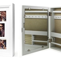 Schmuckkasten mit Spiegel Fotorahmen weißer Bilderrahmen für 5 Fotos Schmuck Aufbewahrung Dekoration Deko Ringe Schmuckschrank Fotogalerie Fotocollage
