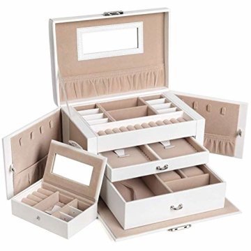 Spiegel Schmuckkasten, Schmuckkästchen mit Schubladen, abschließbarer Schmuck-Organizer Reise-Box für Ringe Armbänder Ohrringe weiß