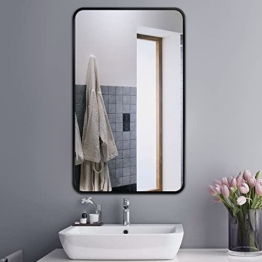 Badezimmerspiegel Wandspiegel schwarzer Metallrahmen moderner Spiegel mit abgerundete Ecken rechteckig, für Wohnzimmer Flur Esszimmer