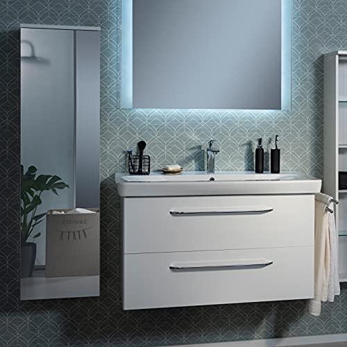 Badspiegel weißes Hochglanz Badmöbel SET hängend Keramikwaschbecken modern Spiegel LED Badspiegel beleuchtet