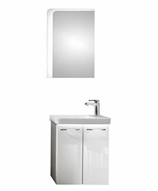 Gäste WC Set Spiegel Waschbecken Waschbeckenunterschrank Waschbeckenbeleuchtung Armatur LED-Spiegel Badmöbel Set mit Soft-Close  Weiß/Breite: 55 cm