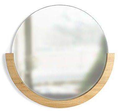 Runder Wandspiegel mit halbem Holzrahmen, Spiegel Naturholz, modernes Raumdesign, Lounge Möbel, Eingang, Flur, Raum Dekoration