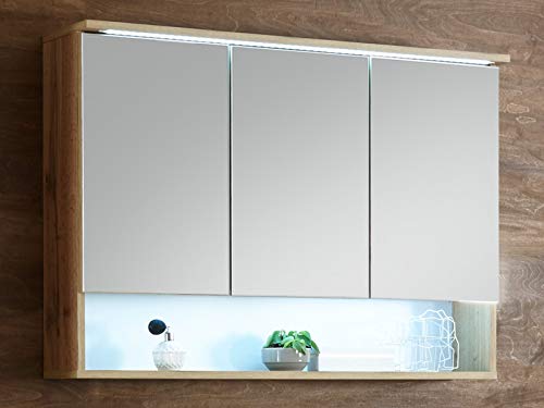 Spiegelschrank Spiegel Badschrank Hängeschrank Badmöbel Wandschrank mit Ablage beleuchtet modernes Bad Holz natur
