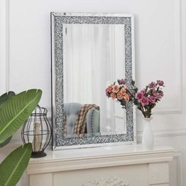 Großer Wandspiegel mit Glitzer Diamanten Rechteck Rahmenlos Design Silber Wand Schminkspiegel Makeup für Wohnzimmer, Flur, 60x90cm