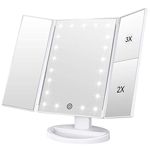 3 Seiten Kosmetikspiegel mit LED Beleuchtungen, 1X/ 2X/ 3X Vergrößerung, Touch, dimmbar Makeup-Spiegel, drehbarer Tischspiegel, wiederaufladbarer Schminkspiegel Weiß