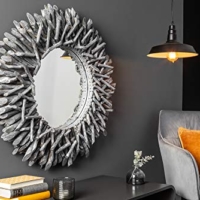 Außergewöhnlicher Teakholz Spiegel 80cm grau Treibholz Wandspiegel Rahmen aus Teakholz-Ästen Badspiegel