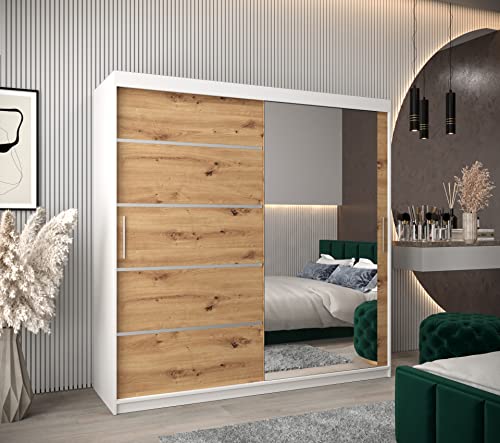 Eiche Schwebetürenschrank mit Spiegel Kleiderschrank mit Kleiderstange und Einlegeboden Schlafzimmer- Wohnzimmerschrank Schiebetüren Modern Design