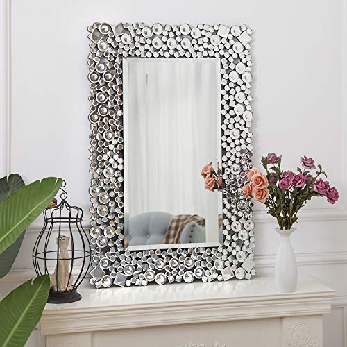 Glitzer Kristall Wandspiegel Spiegel auf Holz schwarz, Glamouröser Silber Schminkspiegel für Wohnzimmer, Flur 60x90cm