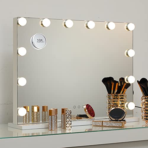 Hollywood Spiegel mit Licht, Touch Schminkspiegel LED Kosmetikspiegel Schlafzimmer Schminktisch 3 Lichtfarben Dimmbar 58x46 cm