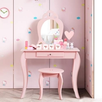 Kinder Schminktisch mit Hocker und Spiegel, Mädchen Frisiertisch Holz, Kindertisch mit Schublade, Spiegeltisch Prinzessin Pink