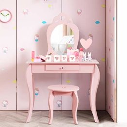 Kinder Schminktisch mit Hocker und Spiegel, Mädchen Frisiertisch Holz, Kindertisch mit Schublade, Spiegeltisch Prinzessin Pink)