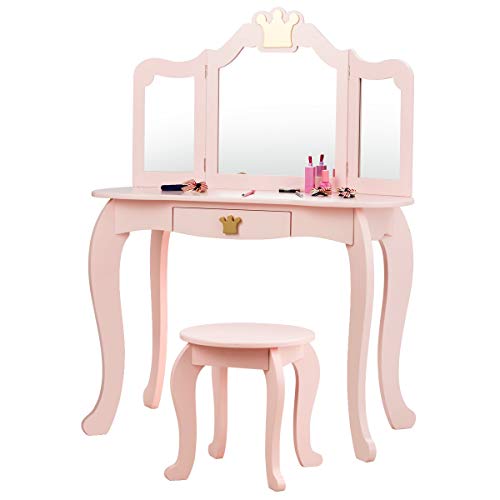Kinder Schminktisch mit Hocker und Spiegel, Mädchen Frisiertisch Holz, Pinker Kindertisch mit Schublade Prinzessin Spiegeltisch 80x42x105cm (Rosa)