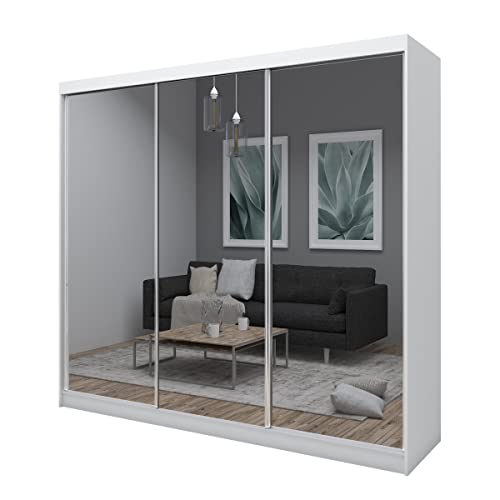 Kleiderschrank mit Spiegel und Schiebetüren Großer Spiegelschrank Spiegelkleiderschrank für Schlafzimmer Weiß