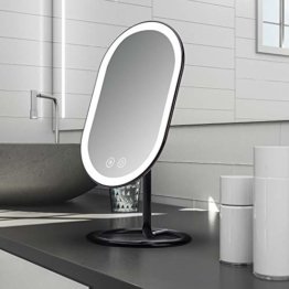 Kosmetikspiegel mit LED Licht wiederaufladbar - beleuchteter Schminkspiegel mit 3 dimmbaren Lichtfarben, doppelte Vergrößerung und Verstellbarer Ständer Schwarz
