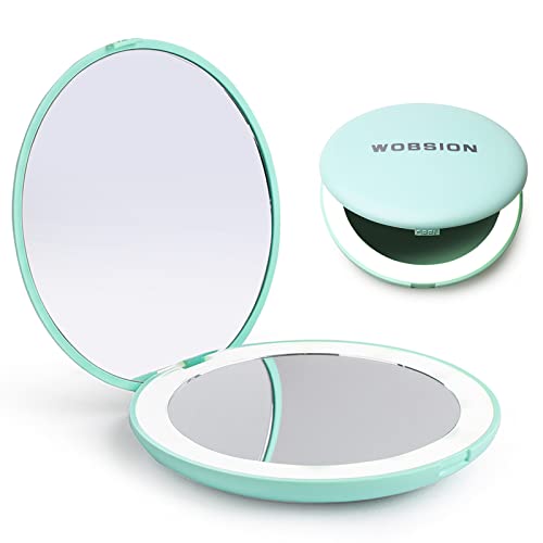 Mini LED Taschenspiegel Kleiner Kosmetikspiegel Cyan Handspiegel mit Licht, Reise Kosmetikspiegel Make Up Spiegel Kompakt Klappbar Zweiseitiger Klappspiegel