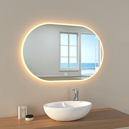 Ovaler Badezimmerspiegel mit LED Beleuchtung Wandspiegel Lichtspiegel LED Badspiegel Oval 90x60 cm 3 Lichtfarben mit Touch Kosmetikspiegel