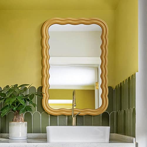 Rechteckiger Wandspiegel Vintage Dekorative Spiegel hölzerner Wellenförmiger goldener Rahmen Eleganter Luxus Schminkspiegel Bauernhaus Badezimmer Schlafzimmer