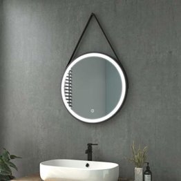 Runder LED Badezimmerspiegel mit Beleuchtung Rund Badspiegel mit Riemen 60 cm Spiegel Lichtspiegel Wandspiegel mit Touch Schwarz Rahmen
