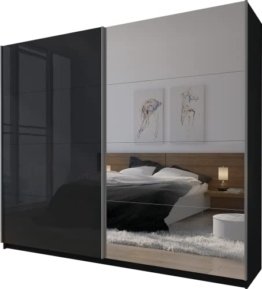 Spiegel Kleiderschrank Modern für Schlafzimmer, Schwebetüren, Hochglanz, Spiegel in Schwarz Matt und Schwarz Hochglanz