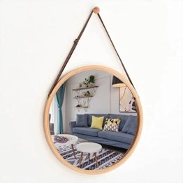 Wandspiegel mit Riemen Rund Holz Wand Spiegel Bambus zum Aufhängen Runder Spiegel Holz, 45CM Natur