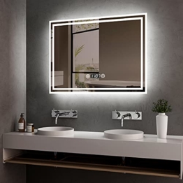 Wandspiegel Spiegel mit LED Beleuchtung Badspiegel mit Touchschalter + Beschlagfrei + Uhr + Kaltweiß Lichtspiegel 6500K