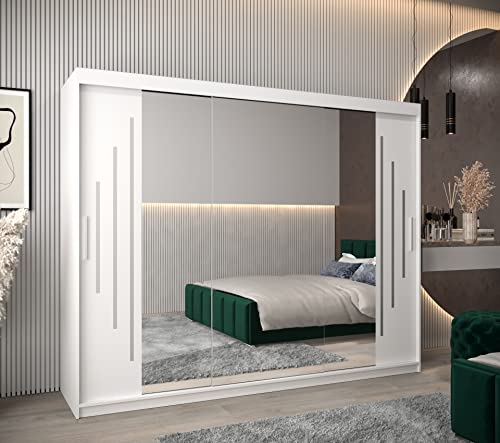 Weißer Schwebetürenschrank mit Spiegel Kleiderschrank mit Kleiderstange und Einlegeboden Schlafzimmer- Wohnzimmerschrank Schiebetüren Modern Design