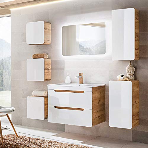 Badezimmermöbel Set mit LED Spiegel Waschtisch 80cm & LED Badspiegel Hochglanz weiß mit Eiche