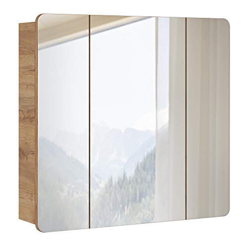 Badspiegel Badezimmer Spiegelschrank 80cm, LED-Beleuchtung, Eiche Wotan 3-türig, B/H/T 80/75-80/16 cm Natur